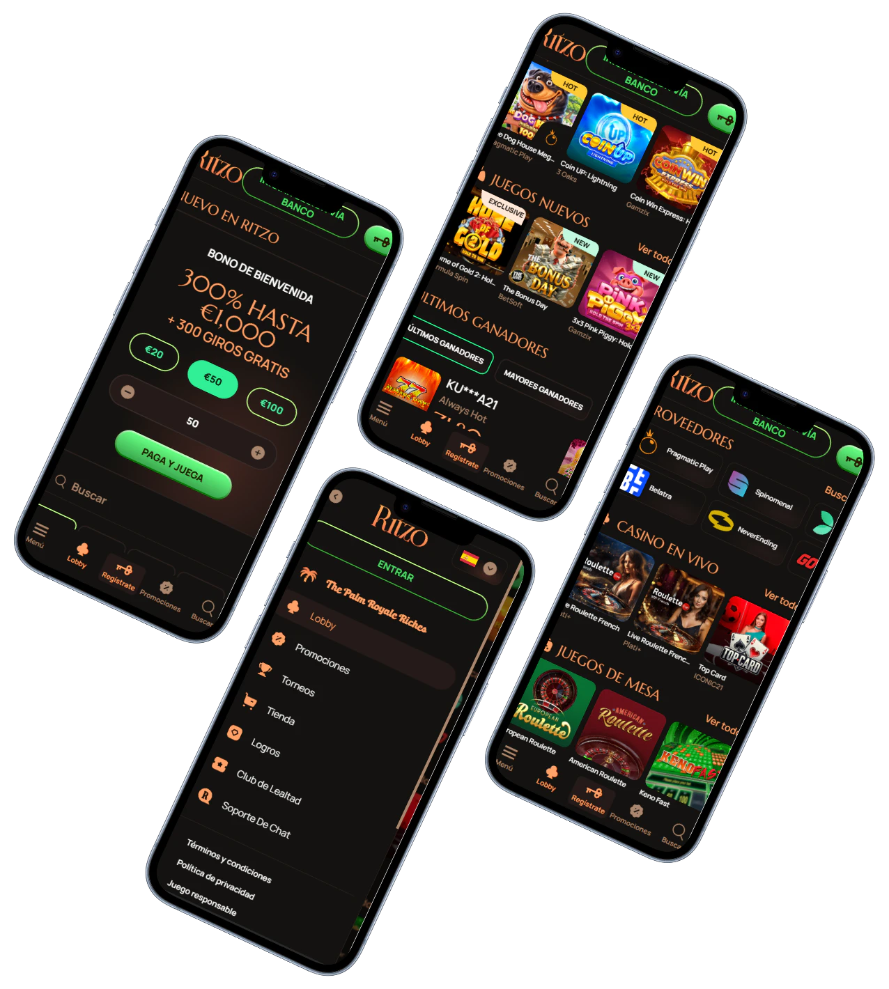 Ritzo Casino versión móvil con bono, juegos y menú